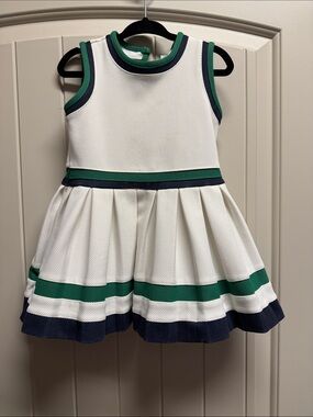 Edgehill Collection White Dress with Green & Navy Trim